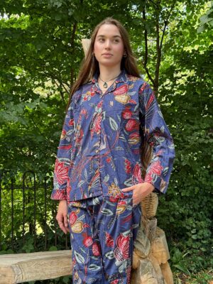 Peacock Bird Garden Hand Printed Indian Blockprint Pure Cotton Floral Pyjama Set | Spring Blue Desire Pomegranate Art - Image 2