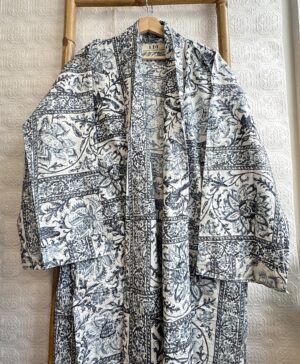 Men’s Cotton Block print House Dressing Robe Kimono - Grey White Diamond Kite Ikat Motif Summer Persian Geometric Magic | Holiday Spa - Image 3