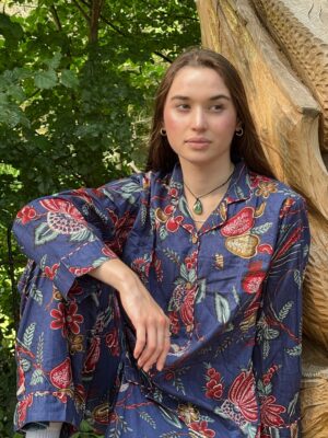 Peacock Bird Garden Hand Printed Indian Blockprint Pure Cotton Floral Pyjama Set | Spring Blue Desire Pomegranate Art - Image 3