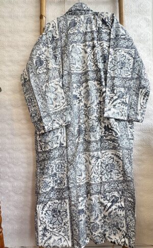 Men’s Cotton Block print House Dressing Robe Kimono - Grey White Diamond Kite Ikat Motif Summer Persian Geometric Magic | Holiday Spa - Image 4