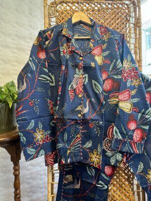 Peacock Bird Garden Hand Printed Indian Blockprint Pure Cotton Floral Pyjama Set | Spring Blue Desire Pomegranate Art - Image 4
