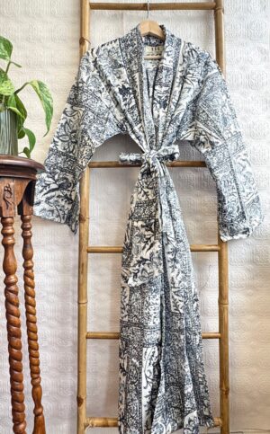 Men’s Cotton Block print House Dressing Robe Kimono - Grey White Diamond Kite Ikat Motif Summer Persian Geometric Magic | Holiday Spa - Image 5