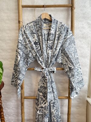 Men’s Cotton Block print House Dressing Robe Kimono - Grey White Diamond Kite Ikat Motif Summer Persian Geometric Magic | Holiday Spa - Image 6