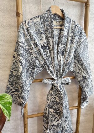 Men’s Cotton Block print House Dressing Robe Kimono - Grey White Diamond Kite Ikat Motif Summer Persian Geometric Magic | Holiday Spa - Image 7