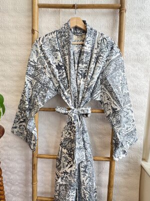 Men’s Cotton Block print House Dressing Robe Kimono - Grey White Diamond Kite Ikat Motif Summer Persian Geometric Magic | Holiday Spa - Image 8