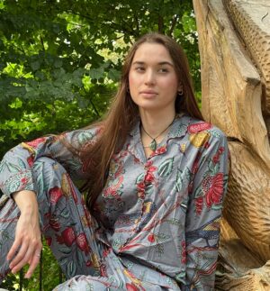 Peacock Bird Garden Hand Printed Indian Blockprint Pure Cotton Floral Pyjama Set | Spring Summer Grey Red Persian Art