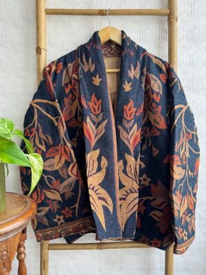Luxury Short Jacket Pure Merino Boiled Wool Paisley Floral Artist Outer-wear | Persian Oriental Deep Navy Blue Beige Mughal Autumn Layer - Image 2