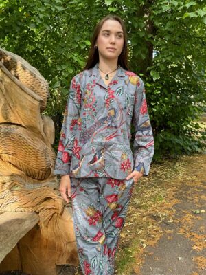 Peacock Bird Garden Hand Printed Indian Blockprint Pure Cotton Floral Pyjama Set | Spring Summer Grey Red Persian Art - Image 2