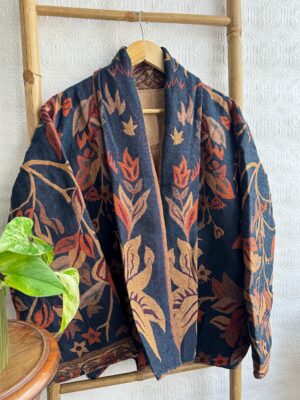 Luxury Short Jacket Pure Merino Boiled Wool Paisley Floral Artist Outer-wear | Persian Oriental Deep Navy Blue Beige Mughal Autumn Layer - Image 3