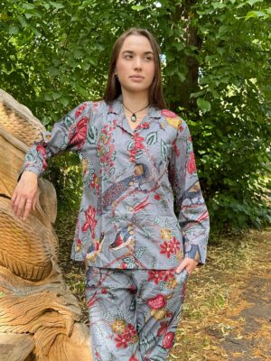 Peacock Bird Garden Hand Printed Indian Blockprint Pure Cotton Floral Pyjama Set | Spring Summer Grey Red Persian Art - Image 3