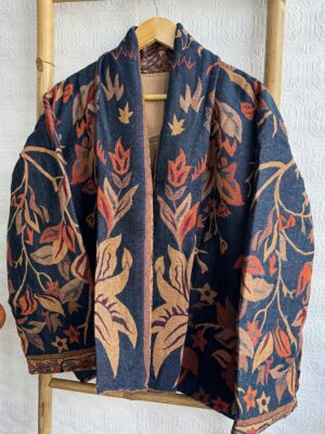 Luxury Short Jacket Pure Merino Boiled Wool Paisley Floral Artist Outer-wear | Persian Oriental Deep Navy Blue Beige Mughal Autumn Layer - Image 4