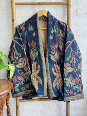 Luxury Short Jacket Pure Merino Boiled Wool Paisley Floral Artist Outer-wear | Persian Oriental Admiral Blue Beige Green Mughal Autumn Layer - Image 6