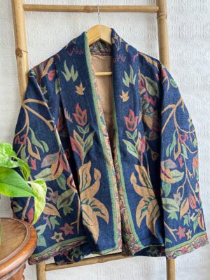 Luxury Short Jacket Pure Merino Boiled Wool Paisley Floral Artist Outer-wear | Persian Oriental Admiral Blue Beige Green Mughal Autumn Layer - Image 7