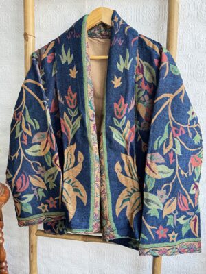 Luxury Short Jacket Pure Merino Boiled Wool Paisley Floral Artist Outer-wear | Persian Oriental Admiral Blue Beige Green Mughal Autumn Layer - Image 8