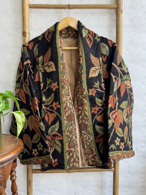 Luxury Short Jacket Pure Merino Boiled Wool Paisley Floral Artist Outer-wear | Persian Oriental Black Beige Mughal Paisley Autumn Layer - Image 7