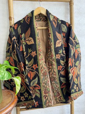 Luxury Short Jacket Pure Merino Boiled Wool Paisley Floral Artist Outer-wear | Persian Oriental Black Beige Mughal Paisley Autumn Layer - Image 8