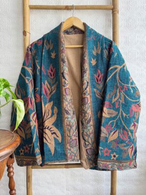 Luxury Short Jacket Pure Merino Boiled Wool Paisley Floral Artist Outer-wear | Persian Oriental Teal Beige Pink Mughal Paisley Autumn Layer - Image 6