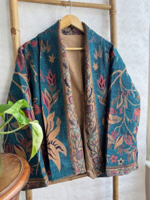 Luxury Short Jacket Pure Merino Boiled Wool Paisley Floral Artist Outer-wear | Persian Oriental Teal Beige Pink Mughal Paisley Autumn Layer - Image 7