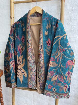 Luxury Short Jacket Pure Merino Boiled Wool Paisley Floral Artist Outer-wear | Persian Oriental Teal Beige Pink Mughal Paisley Autumn Layer - Image 8