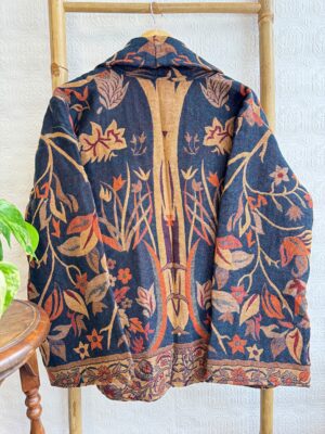 Luxury Short Jacket Pure Merino Boiled Wool Paisley Floral Artist Outer-wear | Persian Oriental Deep Navy Blue Beige Mughal Autumn Layer - Image 5