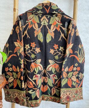 Luxury Short Jacket Pure Merino Boiled Wool Paisley Floral Artist Outer-wear | Persian Oriental Black Beige Mughal Paisley Autumn Layer - Image 6