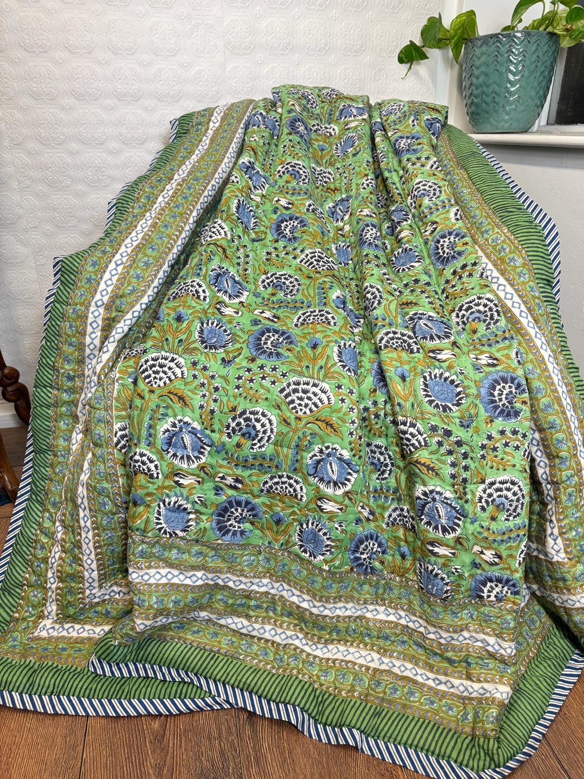 Quilted Pure Cotton Reversible Bed Throw King Size Summer Indian Quilt | Handmade HandPrint Country | Mughal Fresh Green Blue White Gardenia - Image 2