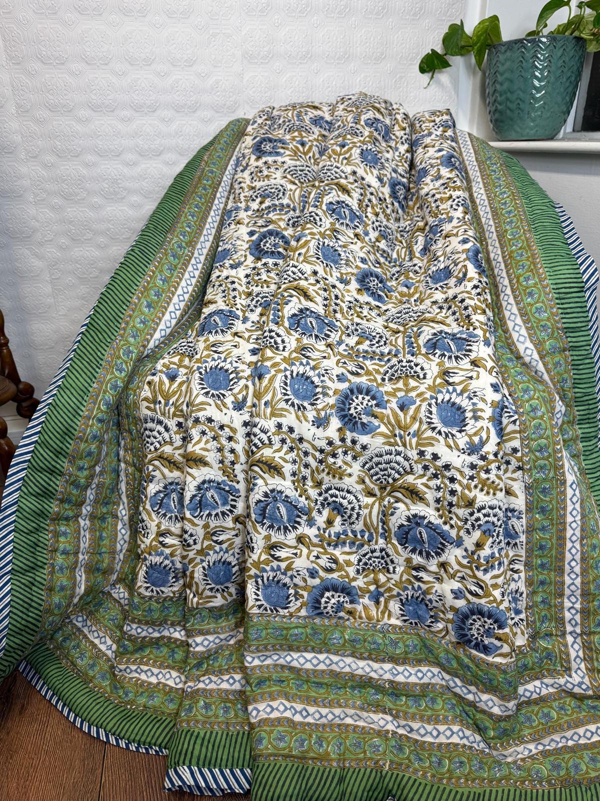 Quilted Pure Cotton Reversible Bed Throw King Size Summer Indian Quilt | Handmade HandPrint Country | Mughal Fresh Green Blue White Gardenia - Image 7