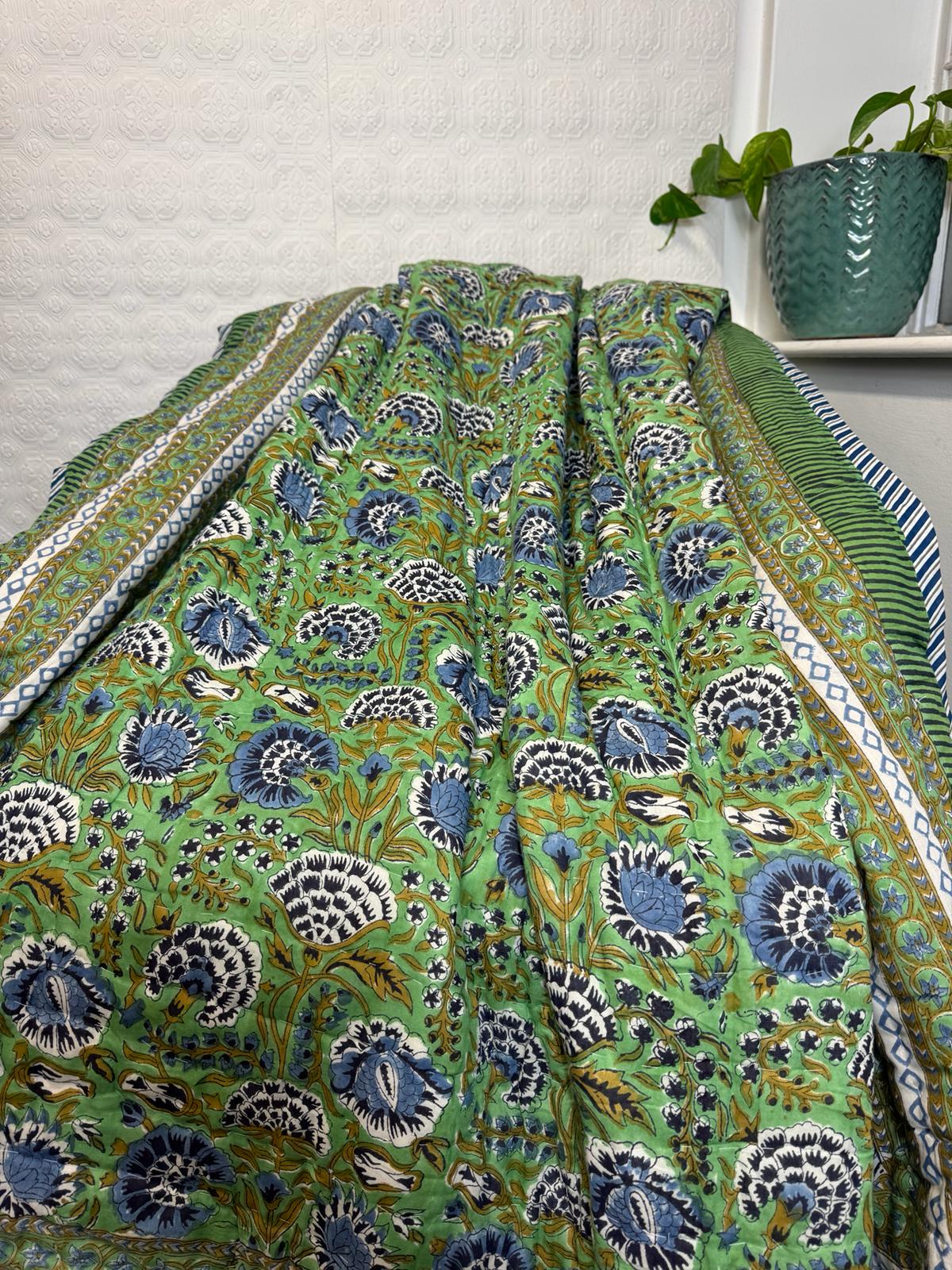 Quilted Pure Cotton Reversible Bed Throw King Size Summer Indian Quilt | Handmade HandPrint Country | Mughal Fresh Green Blue White Gardenia - Image 8
