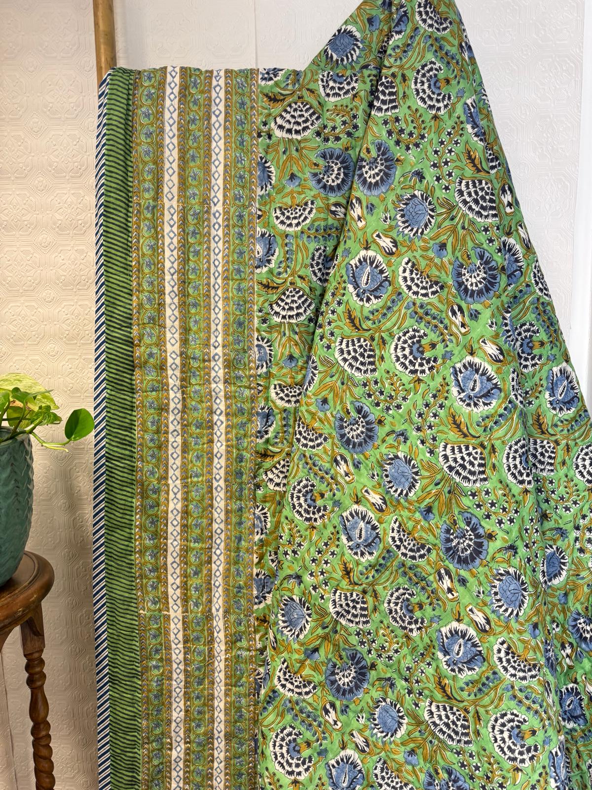 Quilted Pure Cotton Reversible Bed Throw King Size Summer Indian Quilt | Handmade HandPrint Country | Mughal Fresh Green Blue White Gardenia - Image 5