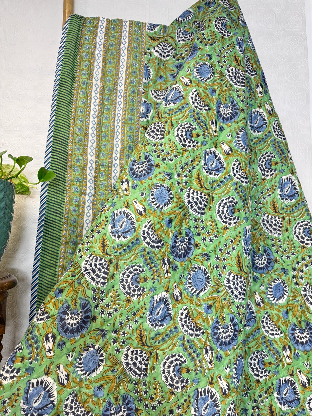 Quilted Pure Cotton Reversible Bed Throw King Size Summer Indian Quilt | Handmade HandPrint Country | Mughal Fresh Green Blue White Gardenia - Image 4