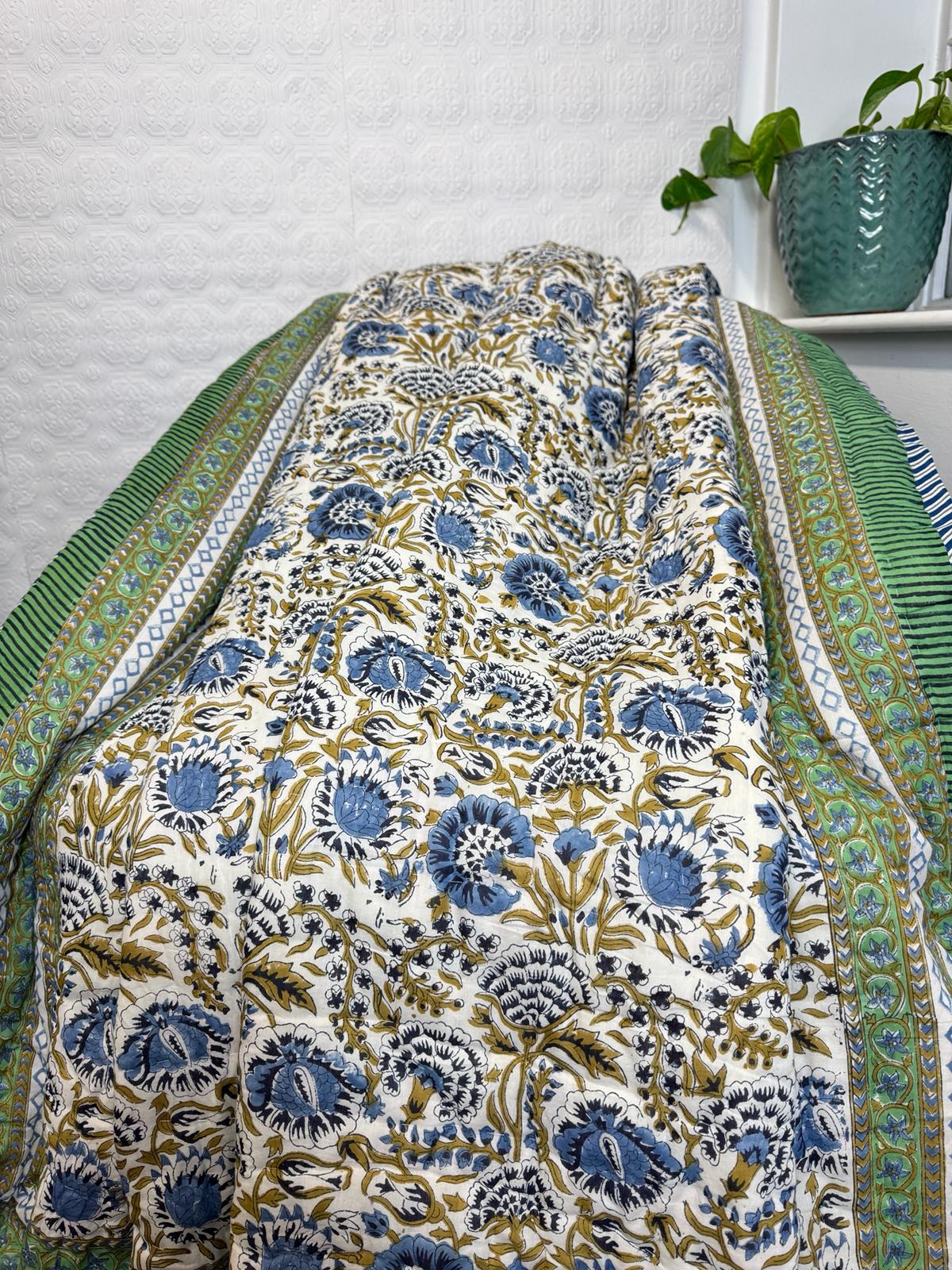Quilted Pure Cotton Reversible Bed Throw King Size Summer Indian Quilt | Handmade HandPrint Country | Mughal Fresh Green Blue White Gardenia - Image 6