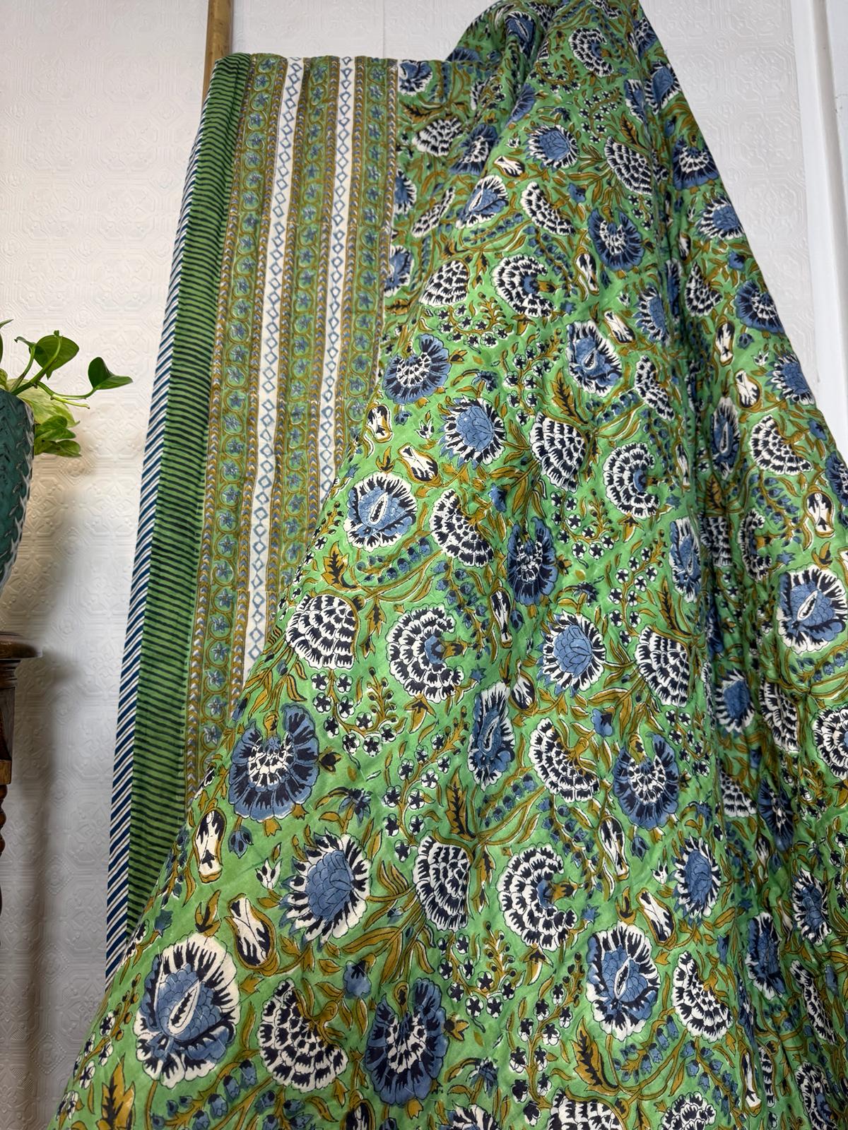 Quilted Pure Cotton Reversible Bed Throw King Size Summer Indian Quilt | Handmade HandPrint Country | Mughal Fresh Green Blue White Gardenia - Image 3