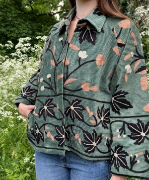 Cotton Corduroy Jacket with Intricate Thread Embroidery | Olive Maple Leaf