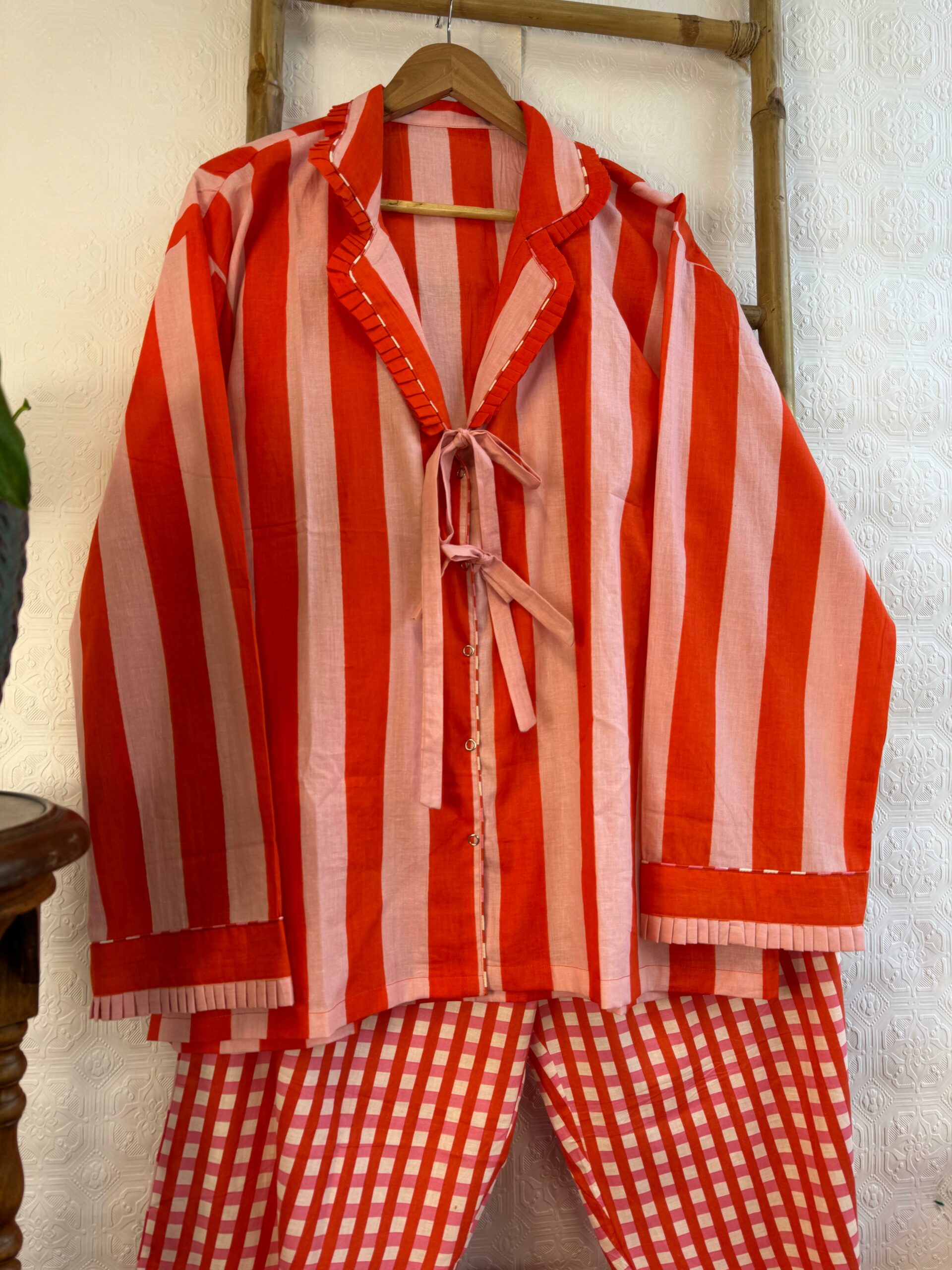Luxury Hand Printed Indian Blockprint Pure Cotton| Orange Chunky Stripes - Image 2
