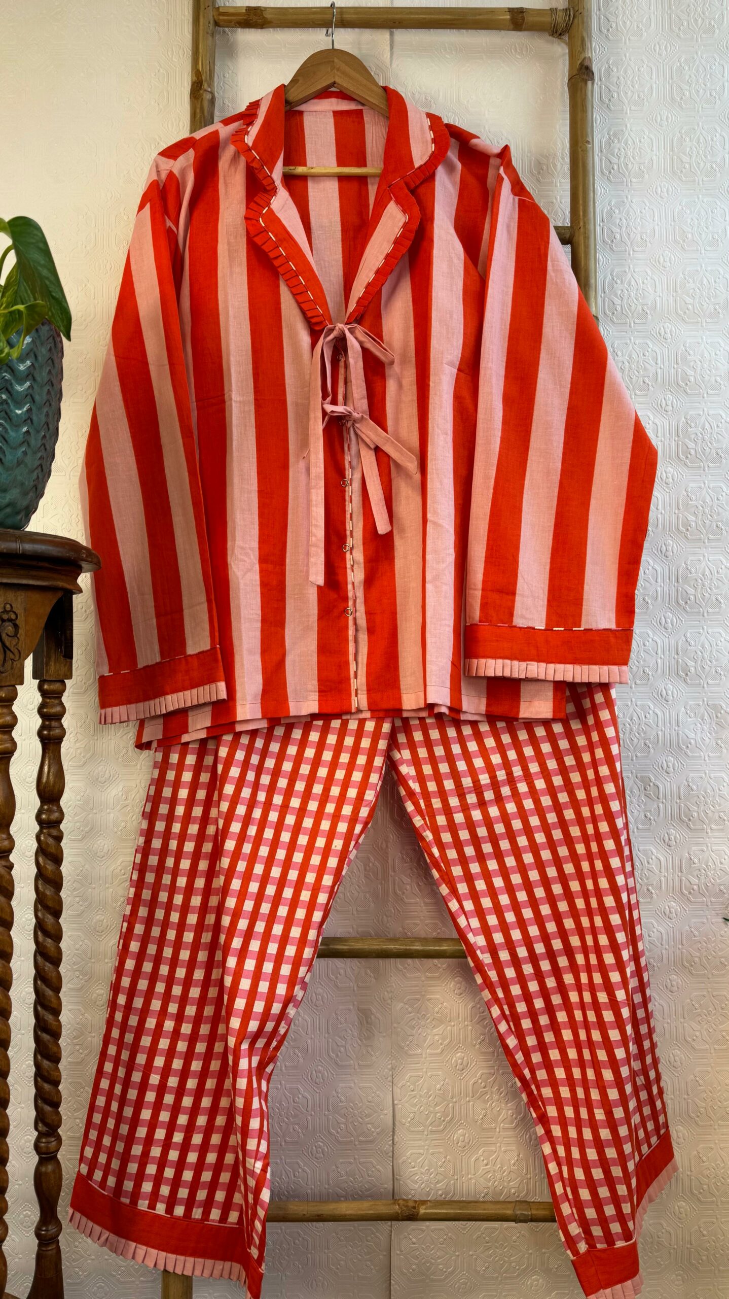 Luxury Hand Printed Indian Blockprint Pure Cotton| Orange Chunky Stripes - Image 3