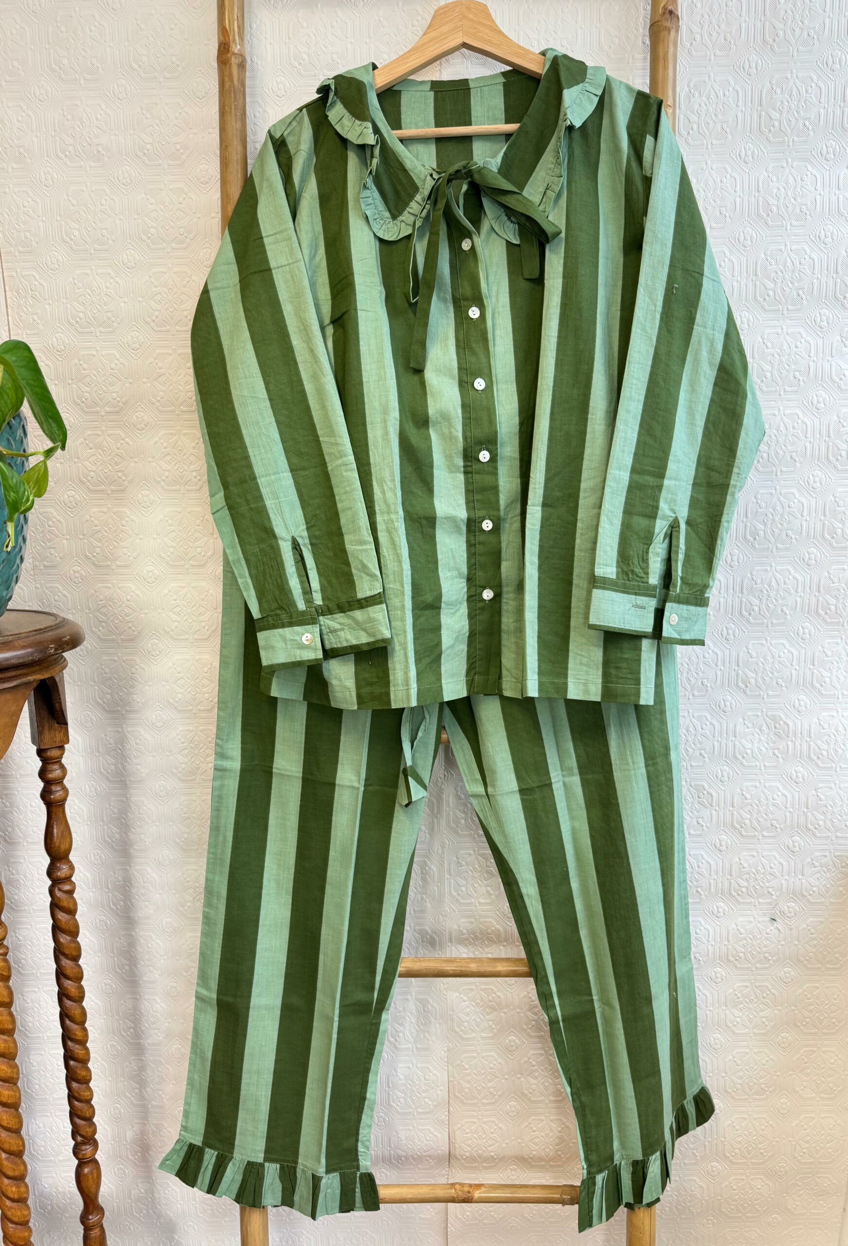 Luxury Hand Printed Indian Blockprint Pure Cotton| Green Matching Chunky Stripes - Image 2