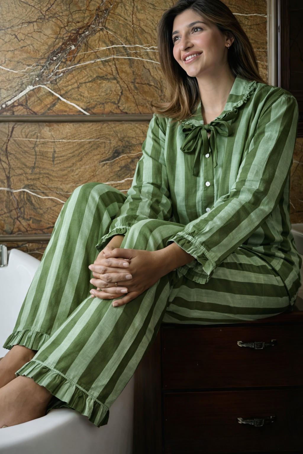Luxury Hand Printed Indian Blockprint Pure Cotton| Green Matching Chunky Stripes