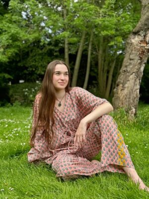 Luxury Hand-print Kaftan Pyjama Coord Set Indian Block-print