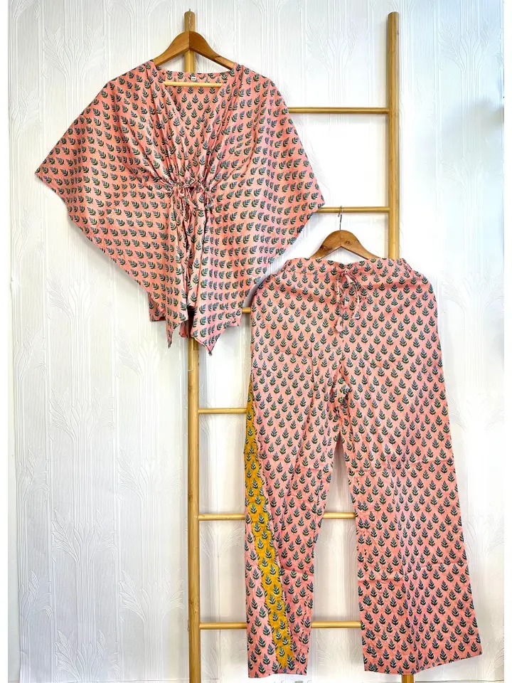 Luxury Hand-print Kaftan Pyjama Coord Set Indian Block-print - Image 2